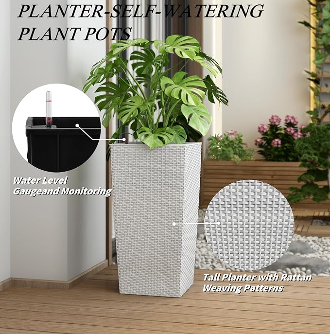 30in Tall Planter, Self Watering Pots for Indoor/Outdoor Plants with Drain Holes, Water Level Monitor, Inner Bucket for Front Porch Patio, White Large(1 Set)