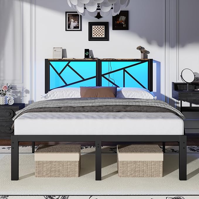 Queen Size Black Metal Bed Frame with USB Charging Station, LED Ambient Lighting, and Wooden Storage Headboard - Includes Under-Bed Storage, No Box Spring Needed, Noise Free, Easy Assembly