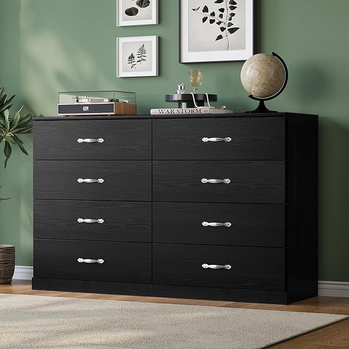 LINSY HOME 8 Drawer Dresser for Bedroom, 54" Wide Chest of Drawers, Modern TV Stand Dressers with Wood Frame and Metal Handles, Large Drawer Organizer for Bedroom, Living Room, Black