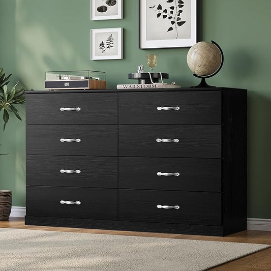 LINSY HOME 8 Drawer Dresser for Bedroom, 54" Wide Chest of Drawers, Modern TV Stand Dressers with Wood Frame and Metal Handles, Large Drawer Organizer for Bedroom, Living Room, Black