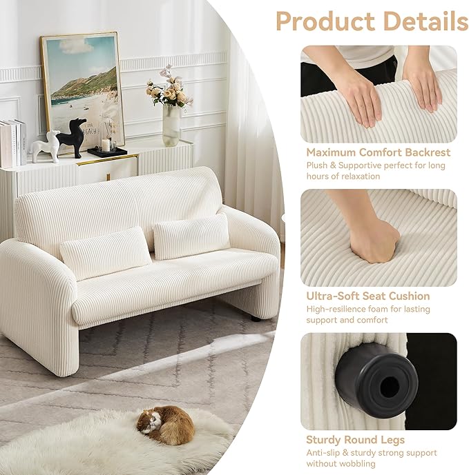 56'' Corduroy Loveseat Sofa, 2 Seater Love Seat Couch for Small Space, Comfy Upholstered Modern Leisure Loveseat Couches with Lumbar Pillows for Bedroom, Office, Living Room, White