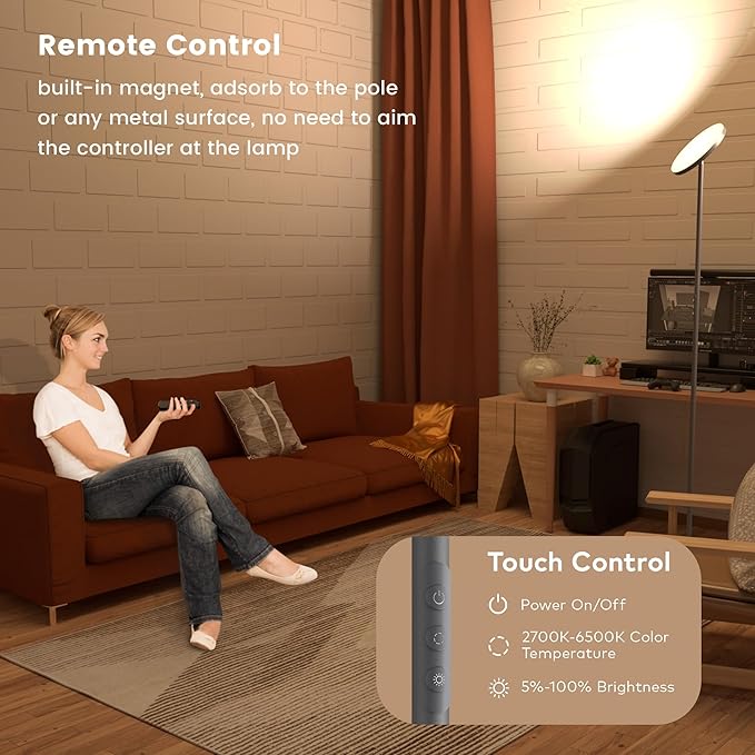 Floor Lamp,Bright 36W 3500LM Standing Lamp with Remote, 2700K Soft White to 6500K Cool White Adjustable,Touch Control Dimmable Torchiere Tall Light for Living Room,Bedroom,Office,Sofa(Gray)