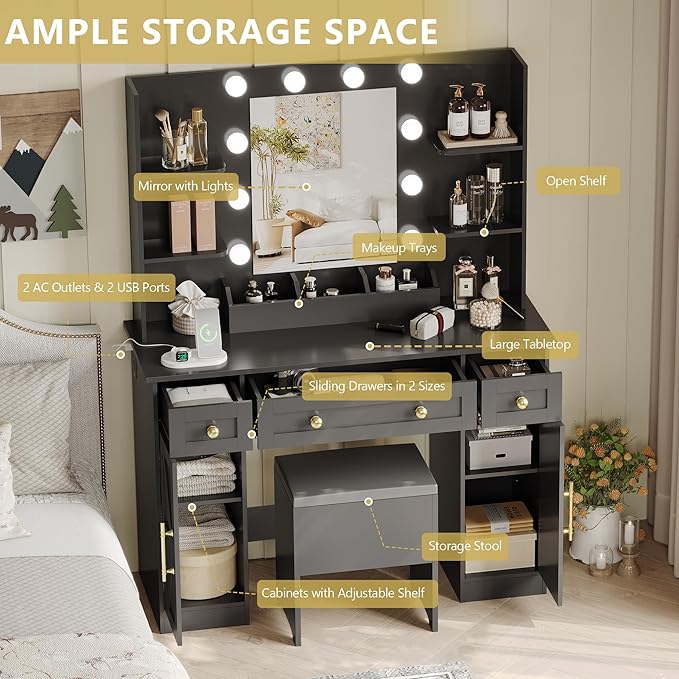 Vanity Makeup Desk with Mirror and Lights, Farmhouse Vanity Table Set with Storage Drawers, Charging Station & Chair, 43" Large Rustic Dressing Table, 3 Lighting Modes for Women Girls Bedroom, Black