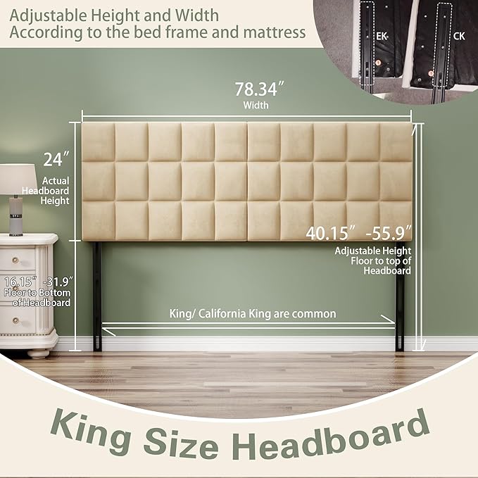 Andeworld Velvet Upholstered Tufted King Size Headboard,Wood Head Board with Metal Legs, Adjustable Height from 42” to 56”, Bed Headboard in Modern Design,Backboard for Bed, Apricot