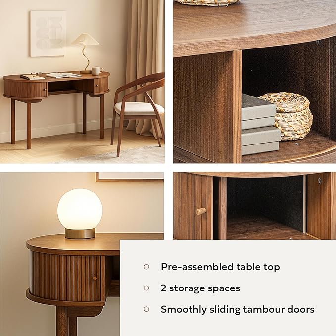 WERMO 51'' Small Wood Writing Desk and Makeup Vanity Desk with Storage and Sliding Doors - Narrow Computer and Work Table for Home Office, Modern Vanity, Brown Dressing Table for Bedroom (Walnut)