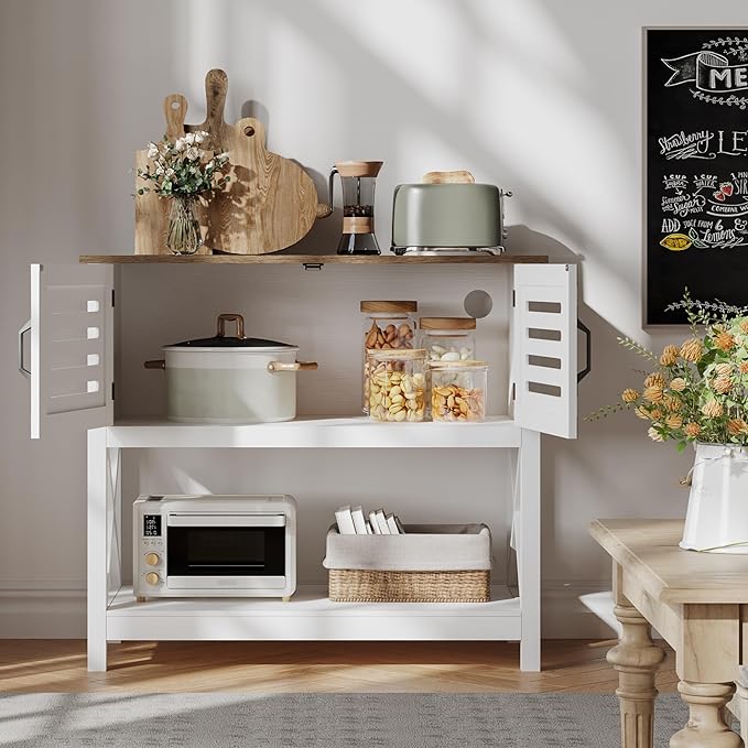 ChooChoo Farmhouse Console Table with Charging Station, 35.4 L x 17.7 D x 31.49 H Coffee Bar Cabinet with Storage, Sideboard Buffet Cabinet with Doors for Kitchen, Living Room, White