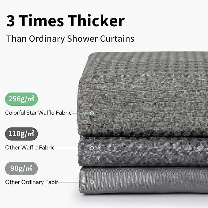 Colorful Star Small Stall Waffle Weave Shower Curtains, 256GSM Heavy Duty Shower Curtain with Snap in Fabric Liner, Hotel Style No Hook Waterproof Bathroom Curtain Set, 36 x 75 Inch, Grey