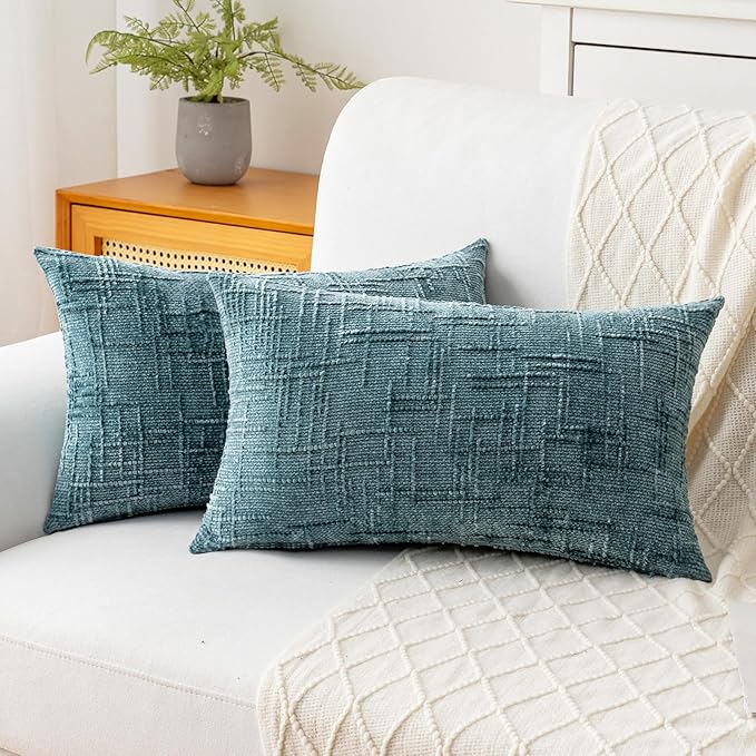 Decorative Throw Pillow Covers 12x20 Inch Set of 2, Soft Solid Farmhouse Chenille Couch Pillows, Spring Pillow Covers for Couch Sofa Bed Living Room Home Decor Pillowcase, Teal