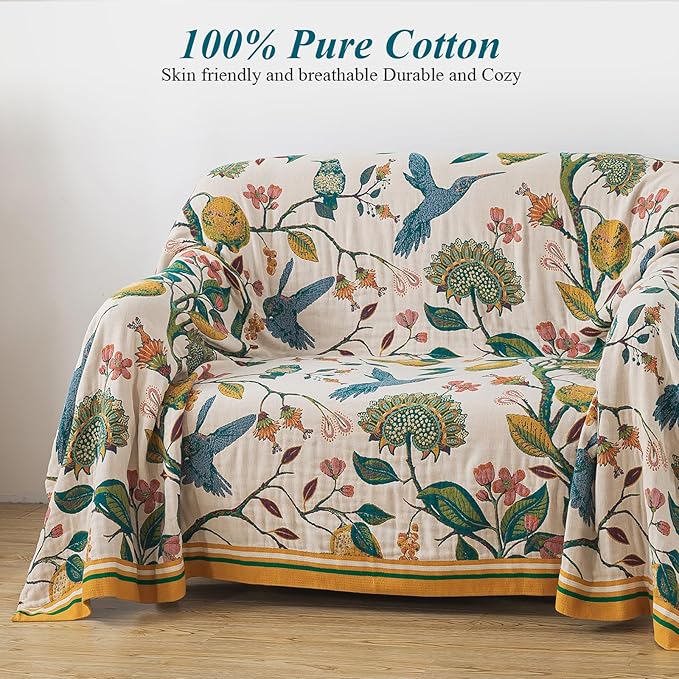 Boho Throw Blanket for Bed-100% Cotton Soft Breathable Farmhouse Decor Boho Quilt for Sofa (Flower Bird, 80"x90")