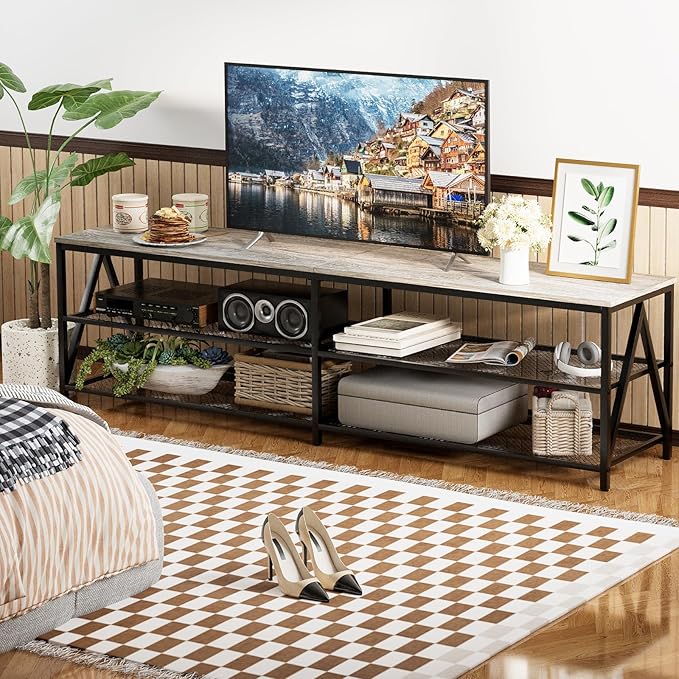 TV Stand for TVs up to 75 Inch, 70" Long Industrial TV Console Table with 3-Tier Storage Shelves, Entertainment Center for Living Room, Bedroom (Gray)