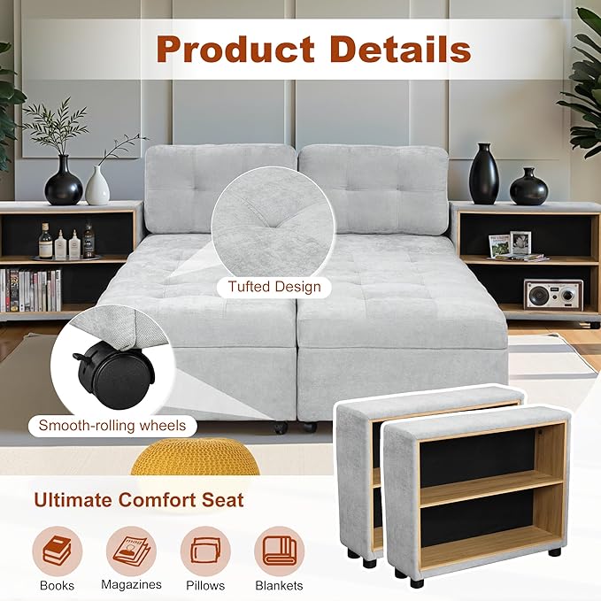 121.2" Sectional Couch, Versatile Sofa Bed Modular Sofa with Two Storage Racks, Sectional Couches for Living Room and Office, Grey