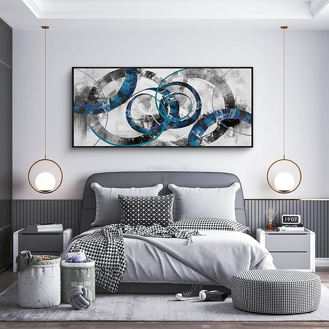 XLSJERST Extra Large Blue Abstract Canvas Wall Art - Modern Art Wall Decor Wall Pictures for Living Room Bedroom Office Gray and White Paintings Artwork for Wall