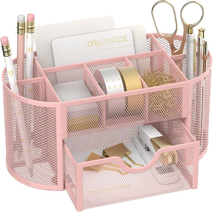 SUPEASY Mesh Desk Organizer, Desk Accessories & Workspace Organizers with Drawers, Pencil Holder for Desk with 9 Compartments for Office Suppliess, 8.6 x 4.3 x 4.1 Inch, Pink