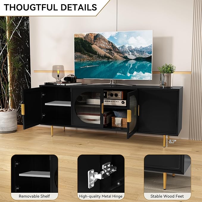 ARTPOWER Modern TV Stand for 70 inch TV, Black TV Console with 4 Glass Doors, Entertainment Center with Storage Cabinet, Wood Media Cabinet with Gold Leg, 65” TV Stands for Living Room