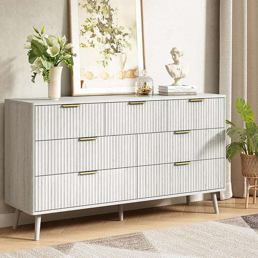 CARPETNAL Fluted 7 Double Drawers White Dresser for Bedroom, 55”Wide Modern Chest of Drawers with Deep Drawers,Wood Drawer Organizer for Bedroom Living Room, Hallway, White