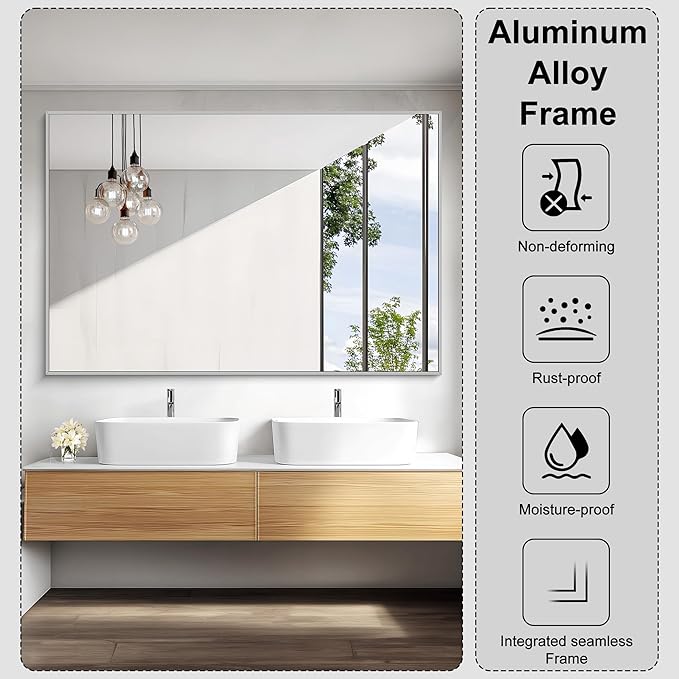 KOCUUY Large Silver Bathroom Mirror, 60x40 inch Rectangular Mirror for Bathroom Sink, Oversized Mirror with Metal Brushed Nickel Frame for Living Room, Farmhouse, Entryway, Hang Horizontal/Vertical