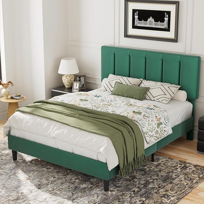 VECELO Queen Bed Frames, Upholstered Platform Bedframe, Adjustable Headboard, Wood Slat Support, No Box Spring Needed, Easy Assembly, Dark Green
