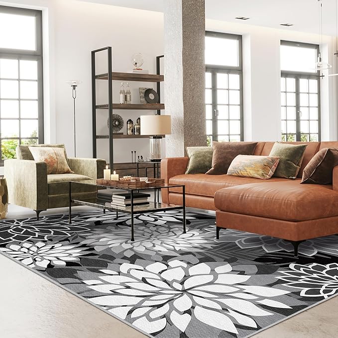 Indoor Outdoor Area Rug Washable Multicolored Rug Tropical Botanical Modern Floral Indoor Outdoor Carpet Black White Rug Non Slip Non Shedding for Patio, Deck, Backyard, Porch (8x10)