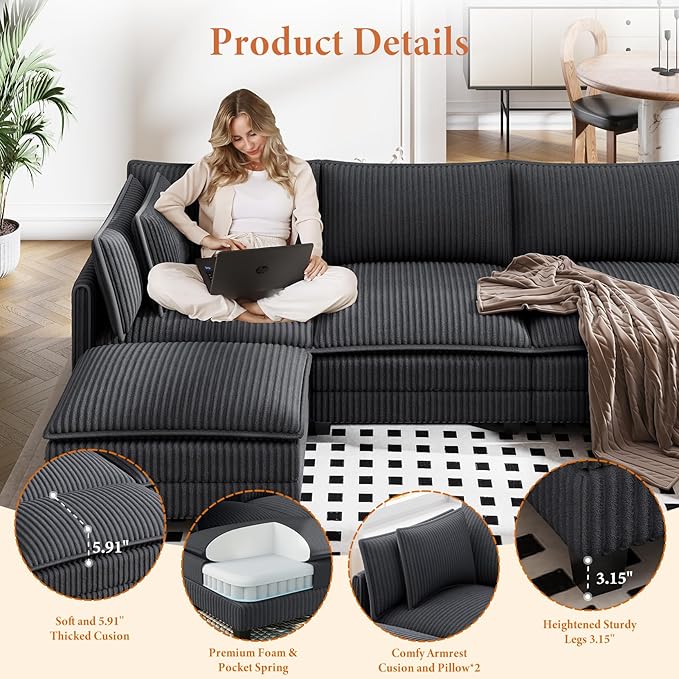 Vesgantti 143" U Shaped Sectional Modular Couch, Comfy Corduroy Upholstered Modular Cloud Sofas for Living Room, Modern Sectional Sofa with 2 Ottoman Deep Seat, Dark Grey