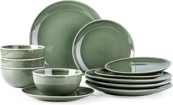 AmorArc Ceramic Dinnerware Sets for 4, 12 Pieces Handpainted Plates and Bowls Set, Scratch Resistant Stoneware Dishes Set, Dishwasher & Microwave Safe, Jade Green