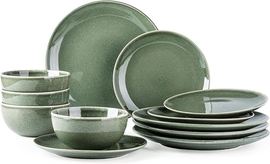 AmorArc Ceramic Dinnerware Sets for 4, 12 Pieces Handpainted Plates and Bowls Set, Scratch Resistant Stoneware Dishes Set, Dishwasher & Microwave Safe, Jade Green