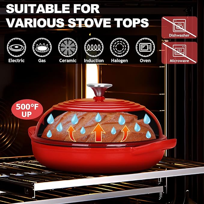TeamFar Cast Iron Bread Dutch Oven, 6 Qt Enameled Dutch Oven Pot for Sourdough Bread Baking, with Tall Dome Lid & Round Base Pan, Self-Basting & Even-Heating, Heavy-Duty & Non-stick, Red