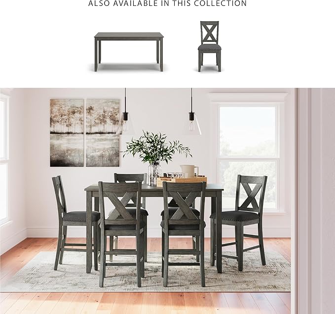 Signature Design by Ashley Caitbrook Casual Counter Height Dining Table and Upholstered Bar Stools with Nailhead Trim, Set of 7, Gray