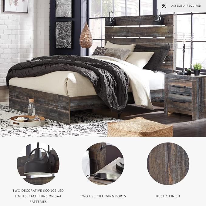 Signature Design by Ashley Drystan Rustic Queen Panel Bed, Sconce LED Lights, USB Ports and Nailheads, Foundation or Box Spring Needed, Dark Brown & Gray