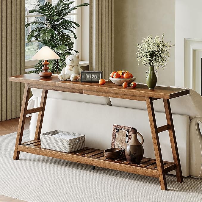 ChooChoo 70.9 Inch Long Console Tables for Entryway, Wood 2-Tier Entry Hallway Table, Narrow Sofa Table Behind Couch Table for Living Room, Entrance, Walnut