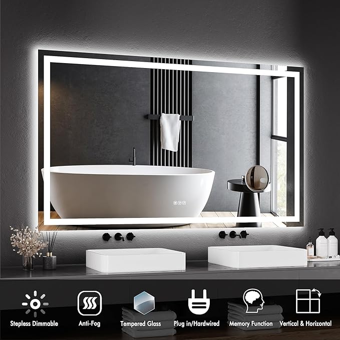 GarveeHome 60"x 36" LED Bathroom Mirror with Lights, Dimmable, Anti-Fog, Backlit + Front Lit, Smart Bathroom Vanity Mirror for Wall, Memory Function, Shatter-Proof (Horizontal/Vertical)