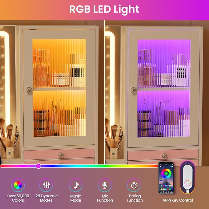 Makeup Vanity Desk with Mirror and Lights & Large LED Cabinet, Vanity Table with 2 Jewelry Boxes, 6 Drawers, and Built-in Shelves, Dressing Table with Power Outlets for Women Girls Bedroom, White