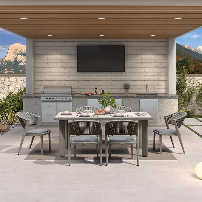 PURPLE LEAF 7-Piece Patio Dining Set Outdoor Furniture Rectangular Table and Chairs Set with Aluminum Frame and Wicker Rattan for Garden Deck Backyard Kitchen Gray Outdoor Set