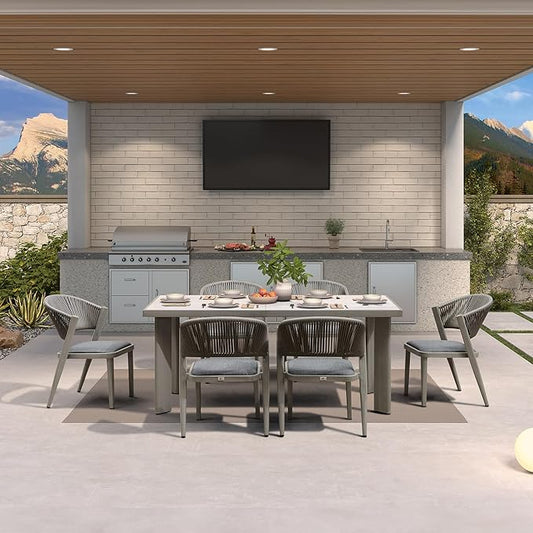 PURPLE LEAF 7-Piece Patio Dining Set Outdoor Furniture Rectangular Table and Chairs Set with Aluminum Frame and Wicker Rattan for Garden Deck Backyard Kitchen Gray Outdoor Set