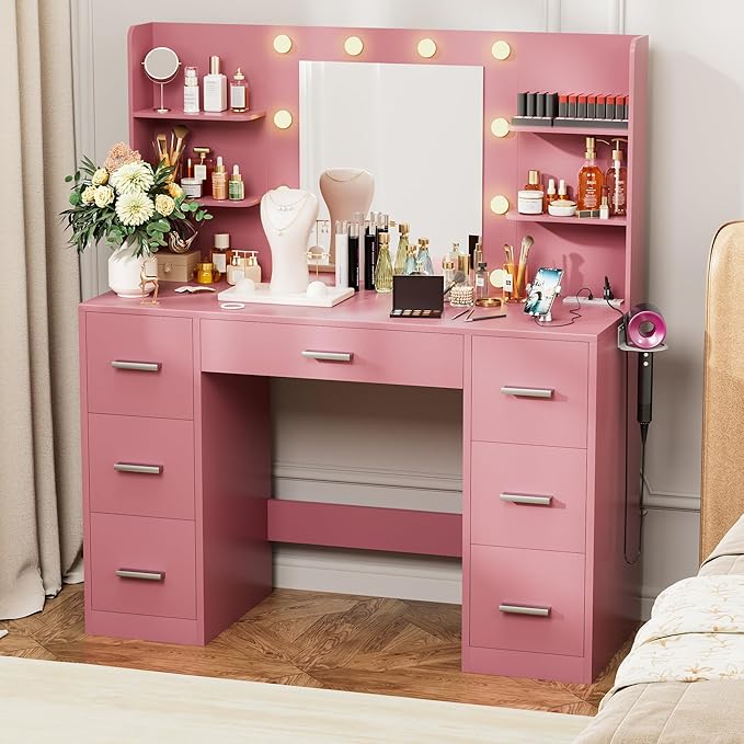 VICTONE Vanity Desk with LED Lighted Mirror&Power Outlet, 3 Model Lights Makeup Vanity Table with 7 Drawers and 6 Storage Shelves for Bedroom and Dressing Room (Light Pink)
