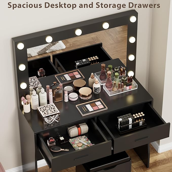 Furmax Vanity Desk Set with Large Lighted Mirror, 35.4 Inch Makeup Vanity Table with 2 Drawers, Cushioned Storage Stool, 3 Lighting Modes Brightness Adjustable, Dressing Table for Bedroom (Black)