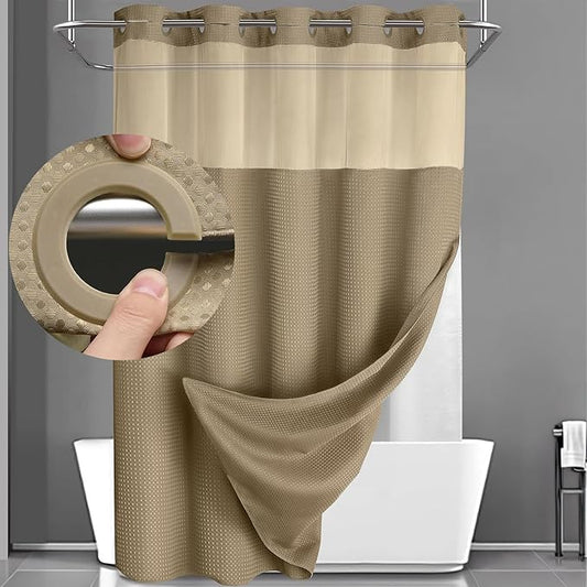 YellyHommy No Hook Shower Curtain with Snap in Liner Set Less Time Waffle Shower Curtain for Bathroom (Beige, 87" L x 72" W)