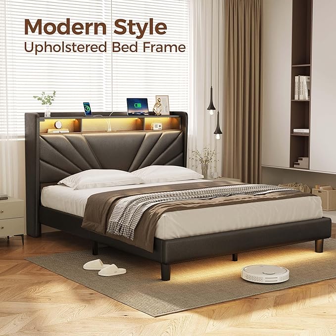 Rolanstar Queen Size Bed Frame, Storage Headboard with Charging Station and LED Lights, Upholstered Bed with Heavy Duty Wood Slats, No Box Spring Needed, Noise Free, Easy Assembly, Black