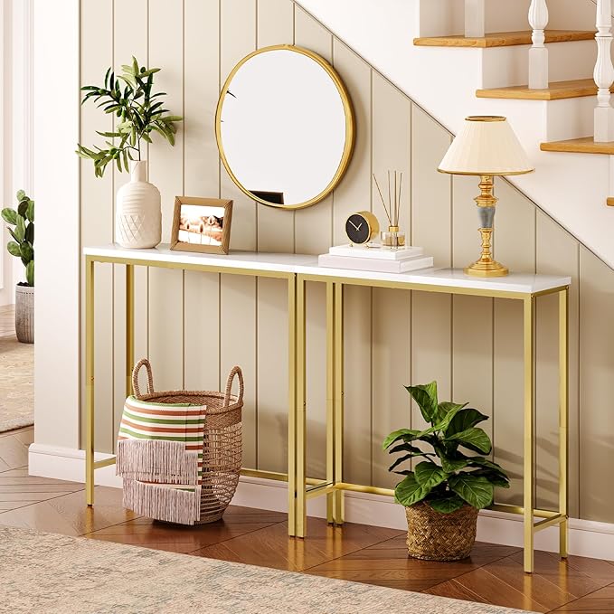 HOOBRO Narrow Console Table, 29.5" Small Entryway Table, Thin Sofa Table, Side Table, Display Table, for Hallway, Bedroom, Living Room, Foyer, White and Gold DW75XG01