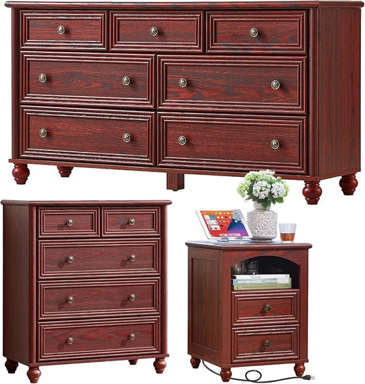 Farmhouse Dressers & Night Stand Set of 3, Wood 54" Wide Dresser & 35.5"Tall Chest of Drawers, 18" Roman Column Nightstand, Bedroom Furniture 7 Drawer Dresser Set for Bedroom Home Living Room Hallway
