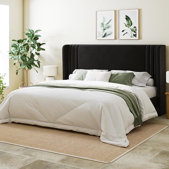 Allewie King Size Velvet Platform Bed Frame with Vertical Tufted Wingback Headboard, Easy Assembly, Under Bed Storage, No Box Spring Required, Modern Style, Black