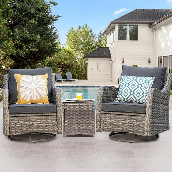 3 Pieces Patio Furniture Set, Outdoor Swivel Rocker with Washable Cushions & Tempered Glass Tabletop, Outdoor Rattan Conversation Set for Lawn Backyard Porch (Grey)
