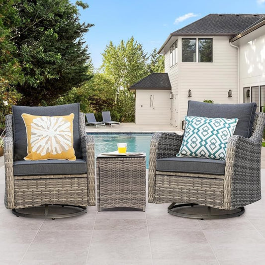 3 Pieces Patio Furniture Set, Outdoor Swivel Rocker with Washable Cushions & Tempered Glass Tabletop, Outdoor Rattan Conversation Set for Lawn Backyard Porch (Grey)