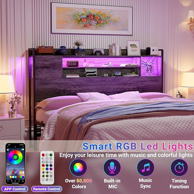 Unikito Headboard for Queen Size Bed, Bookcase Style Head Board with Power Outlet and RGB LED Light, Reversible Headboard with Storage, Height Adjustable, Sturdy and Stable, Queen Size, Black Oak