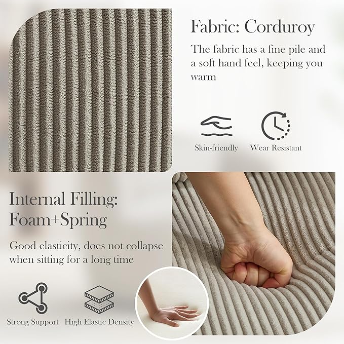 Aoiy & Wifon 34.25" W Swivel Barrel Chair, Upholstered Round Small Accent Chair, Single Comfy Barrel Chair for Living Room, Corduroy, Light Gray