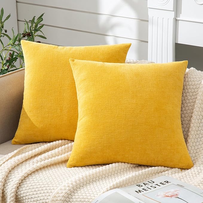 GAWAMAY Decorative Chenille Throw Pillow Covers 24x24 Inch Pack of 2, Soft Square Couch Pillow Cover for Sofa Cushion Living Room Bedroom Solid Dyed Pillowcases Mustard Yellow 60x60cm (ONLY Covers)