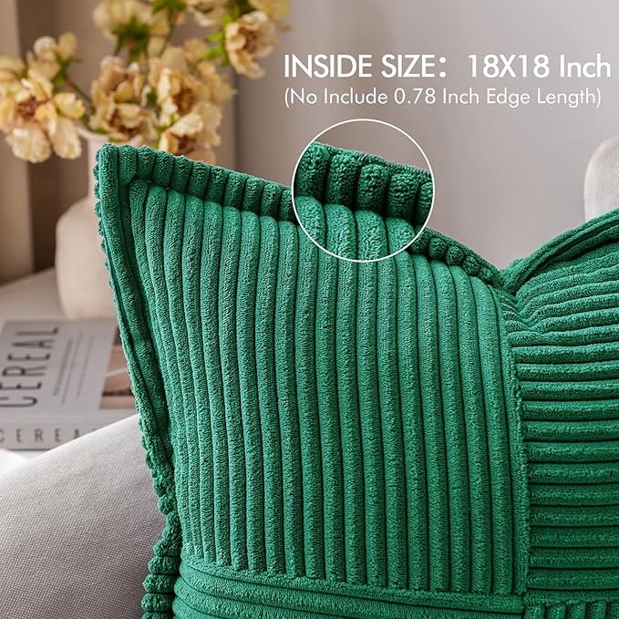 MIULEE Christmas Decorative Throw Pillow Covers for Couch Bed Livingroom 18x18 Inch Set of 2 Emerald Green Boho Accent Throw Pllows Broadside Striped Patchwork Soft Corduroy Pillowcases