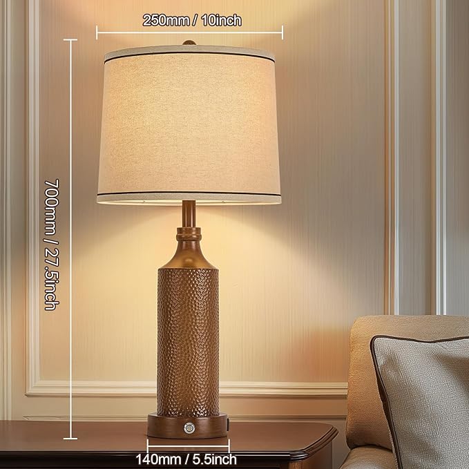 AIDENOEY 27.5" H 3-Way Dimmable Touch Control Table Lamp with USB A+C Ports, Vintage Walnut Finish Resin Bedside Farmhouse Table Lamp Set of 2，for Living Room，Bedroom，Office