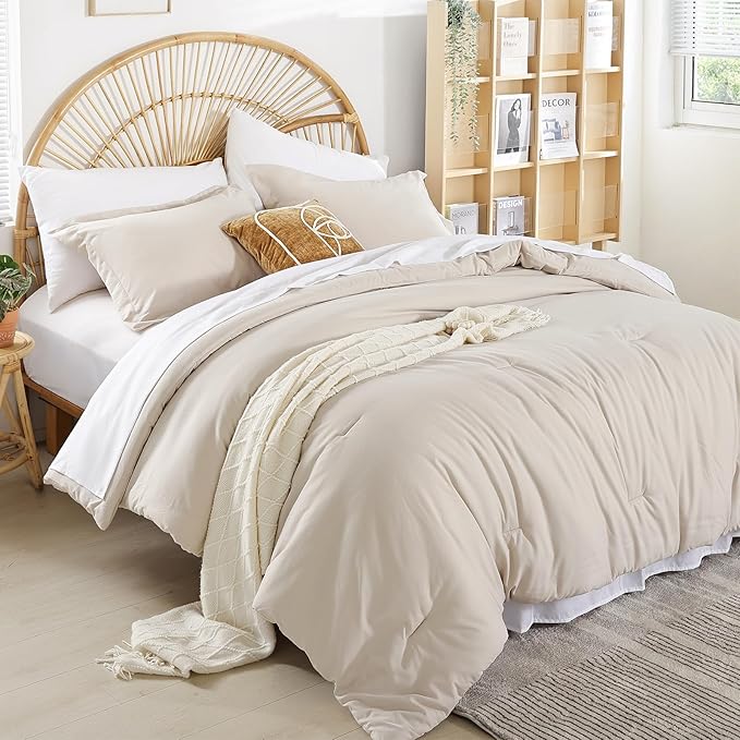 weigelia King Size Comforter Set 7 Pieces Beige Comforter Set Bed in a Bag Soft Microfiber King Bedding Set with Sheets, Pillow Shams and Pillowcases for All Season