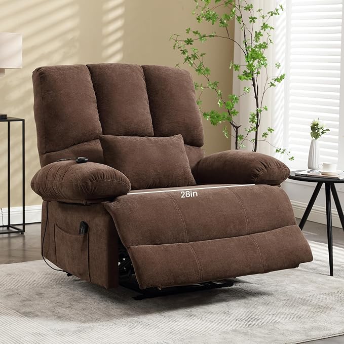 Oversized Power Recliner Chair 350lb with Hidable Cup Holders, Extra Wide Large Big Electric Recliner Chair with Lumbar Support Pillow Nursery Chair Living Room (Power, BROWN-ET6008)