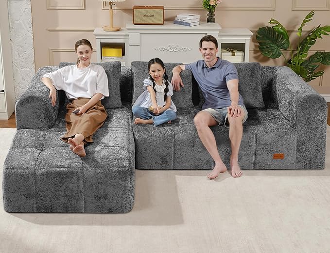 HABUTWAY 105" L-Shaped Modular Sectional Sofa, No Assembly Required Deep Seat Couch with 3 Pillows, Soft Fabric Upholstered, Modern Chaise Lounge for Living Room, Bedroom,Black (Grey)